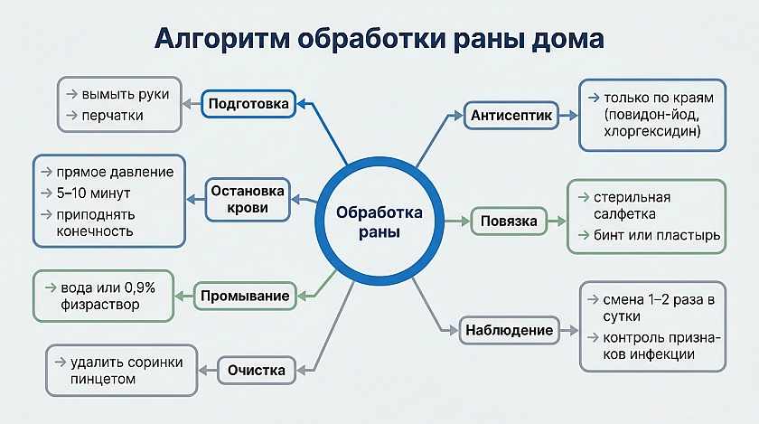 Инфографика алгоритма обработки раны дома: подготовка (мытье рук), остановка крови давлением, промывание водой или физраствором, очистка пинцетом, обработка краев антисептиком, наложение стерильной повязки и наблюдение за признаками инфекции
