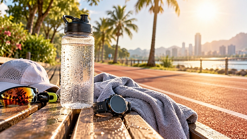 Вода, часы, кепка, солнечные очки и полотенце на фоне беговой дорожки