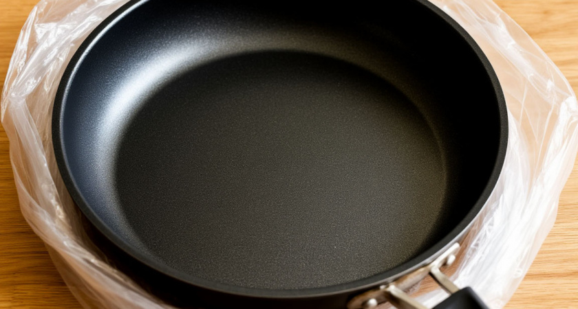 Кладу сковороду в полиэтиленовый пакет, нагар отлетает в миг, больше ничего не прилипает — любуюсь отражением