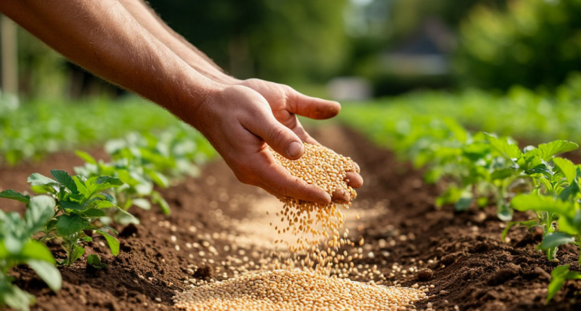 Раскидываю 1 пачку копеечной крупы по грядкам - земля как чернозём. Дорогой навоз больше не нужен