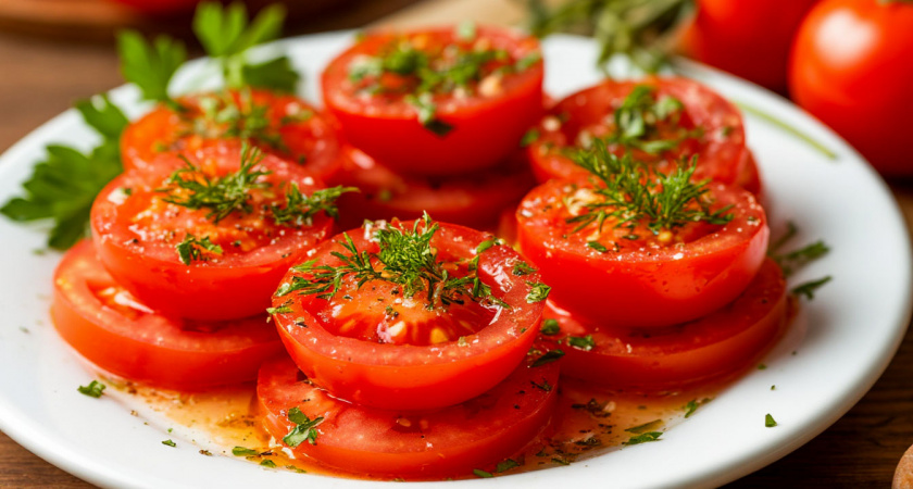 Моя любимая закуска из помидоров. Просто нарезаю помидоры кружочками и смазываю заправкой. Через 30 минут можно подавать на стол