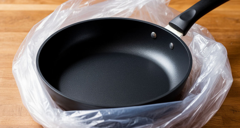 Кладу сковороду в полиэтиленовый пакет, нагар отлетает в миг, больше ничего не прилипает — любуюсь отражением