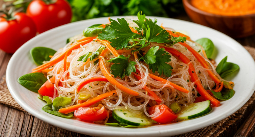 Быстрый салат с фунчозой, свежими овощами и домашней заправкой (сочный и очень вкусный)