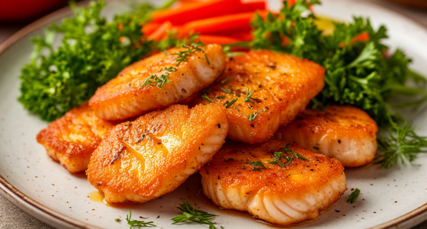 Ужин за 15 минут. Жареный минтай в соусе бешамель с чесноком и укропом