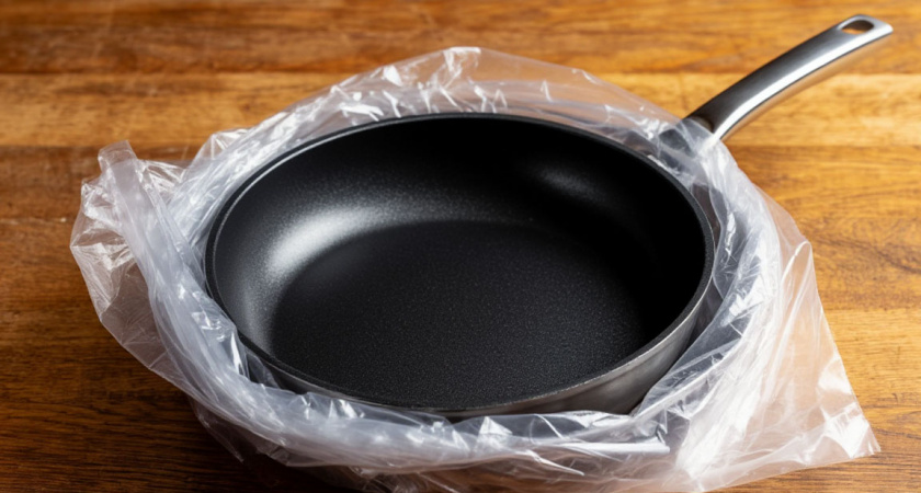 Кладу сковороду в полиэтиленовый пакет, нагар отлетает в миг, больше ничего не прилипает — любуюсь отражением