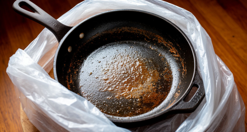 Кладу сковороду в полиэтиленовый пакет, нагар отлетает в миг, больше ничего не прилипает — любуюсь отражением