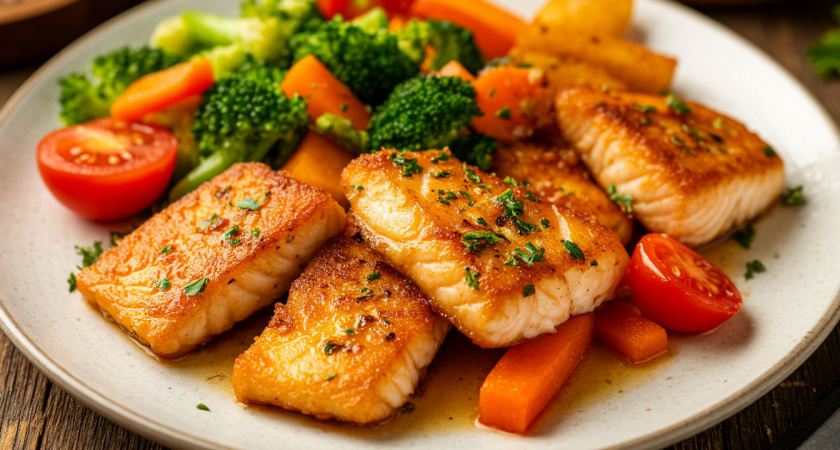 Осенний белковый ужин без запаха рыбы: минтай с овощами, запечённый в духовке