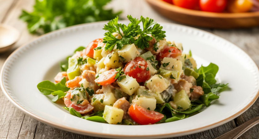 Красная Огненная Лошадь оценит: на Новый год готовим «Охотничий» салат с говядиной и грибами