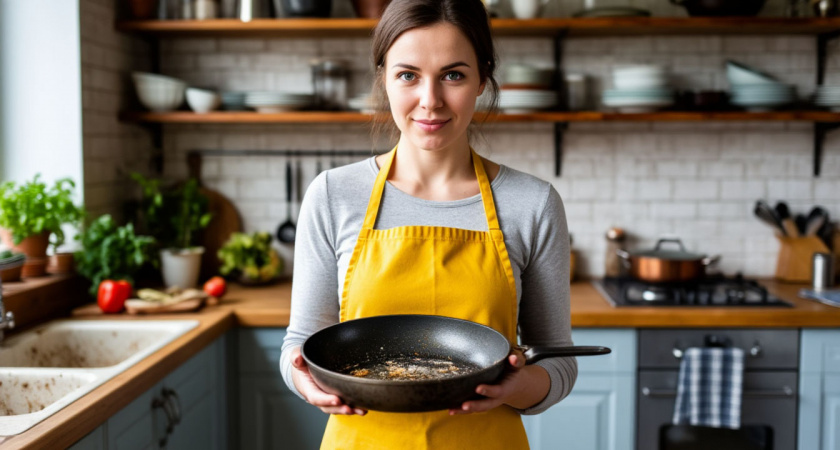 Два пакетика заливаю кипятком, и сковородка как новая: от жира и нагара не остается и следа