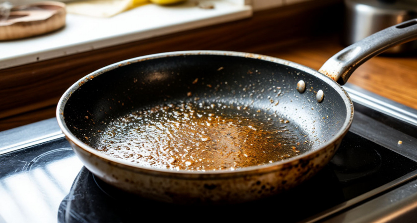 Два пакетика заливаю кипятком, и сковородка как новая: от жира и нагара не остается и следа