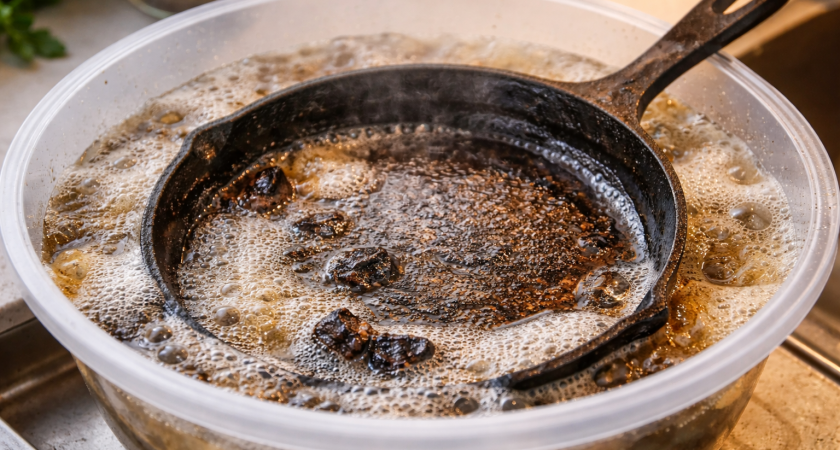 Сковородка была чернее ночи. Через час нагар начал отходить сам, без скребка: вот бабушкин лайфхак