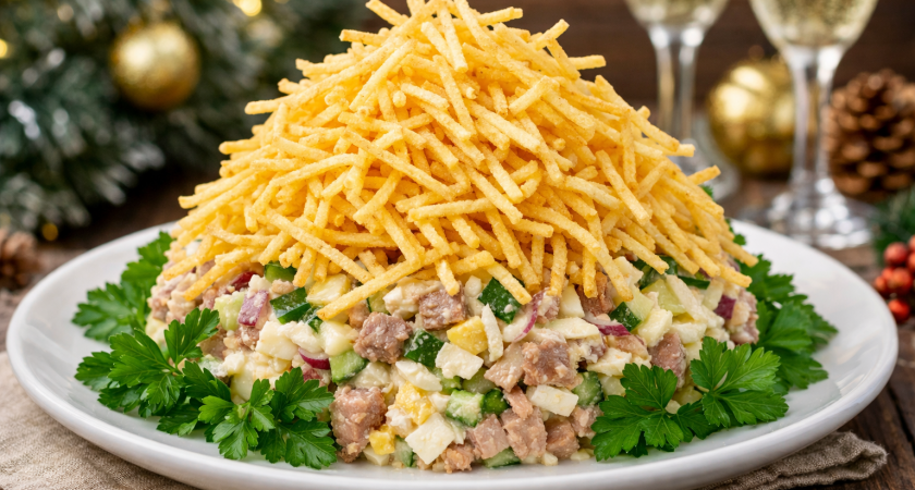 Поставите «Стог сена» ради красоты, а съедят ради вкуса: самый эффектный салат для встречи 2026 года