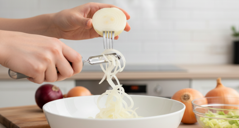 Знаю способ нарезать лук тончайшей соломкой без доски - не уроните ни слезинки