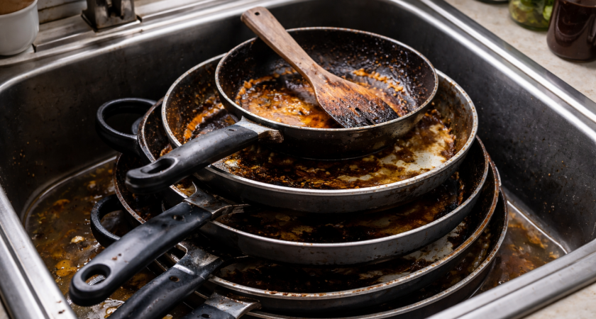 Два пакетика заливаю кипятком, и сковородка как будто только из магазина: от жира и нагара не остается и следа