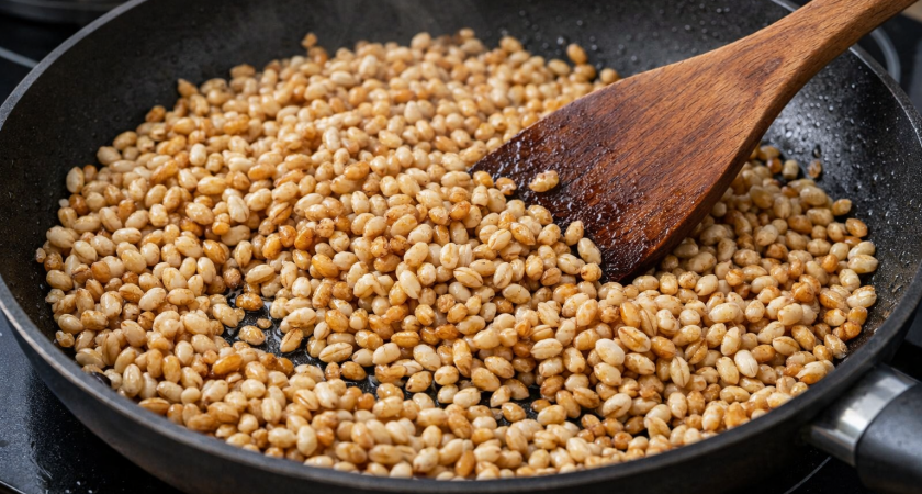 Просто беру горсть перловки и обжариваю ее на сковороде: когда до зарплаты далеко этот рецепт очень выручает