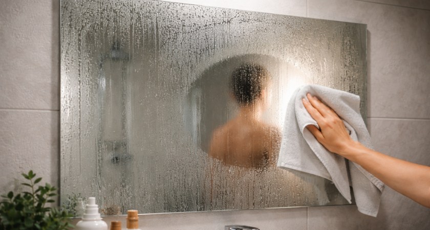 Можно проветривать хоть час — не поможет: при влажности 80% зеркало спасает только это решение на 40 Вт