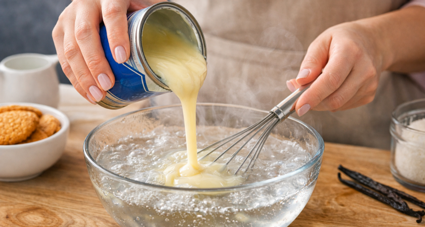 Два ингредиента и 5 минут: просто вливаю сгущёнку и кипяток - на выходе быстрый десерт к чаю, который подают на гостиничных завтраках