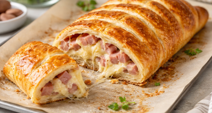 Пирог "Лентяйский" с сыром и ветчиной всегда меня выручает: вкусный, ароматный, сытный - и тесто месить для него не нужно