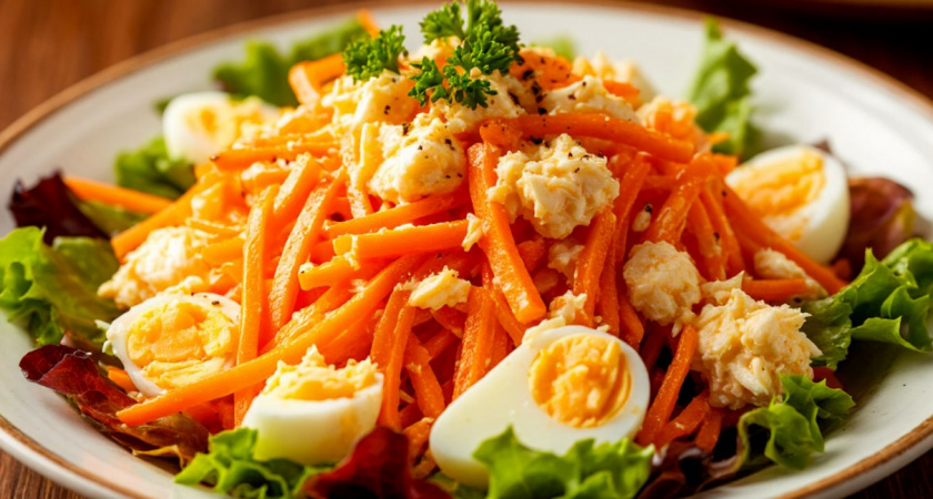 Приготовила салат "Романтик" - он мне заменил надоевший "Крабовый". Ем и не могу остановиться