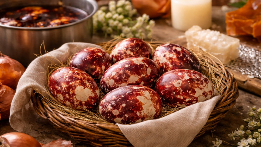 Пасхальные яйца с галактическим узором: необычный способ окрашивания луковым отваром и парафином