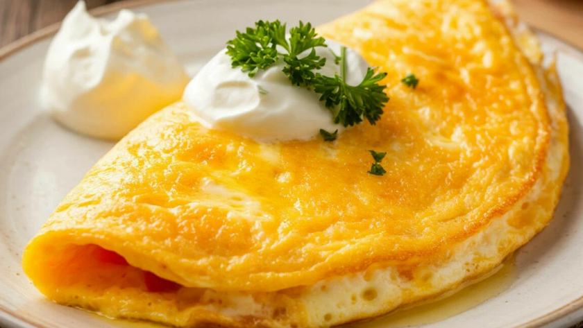 10 минут на ужин: омлет со сметаной и сыром — пышный, сливочный, с тягучей начинкой. Идеально, когда в холодильнике только яйца