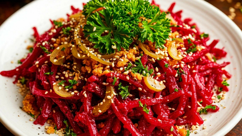 Минутный салат из свеклы: почему карамелизованный лук и солёные огурцы работают лучше любых орехов и чернослива 