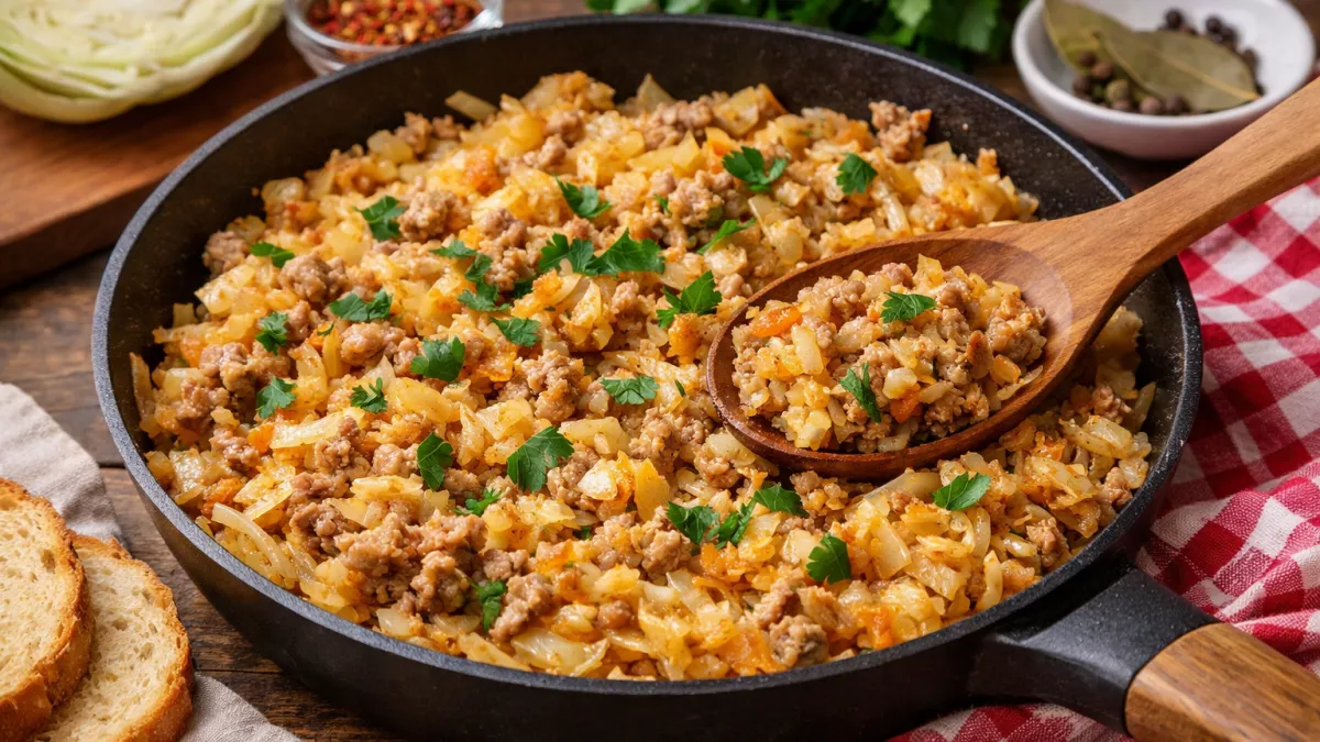 Всего 15 минут на сковороде — и ужин готов: сочная капуста с фаршем, которую съедают до последней ложки