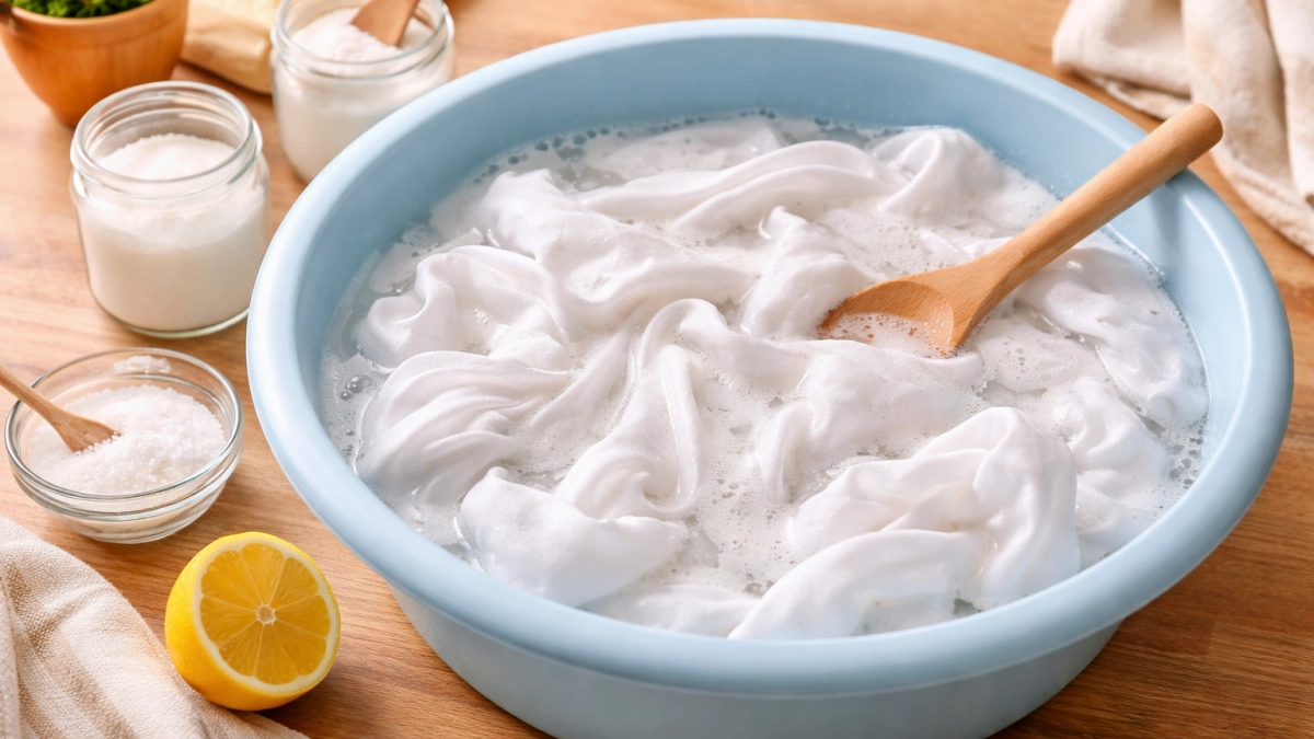 Всыпаю 2 ст. л. в воду и замачиваю белые вещи: ччерез 15 минут вся желтизна и пятна исчезают - отбеливатель не нужен