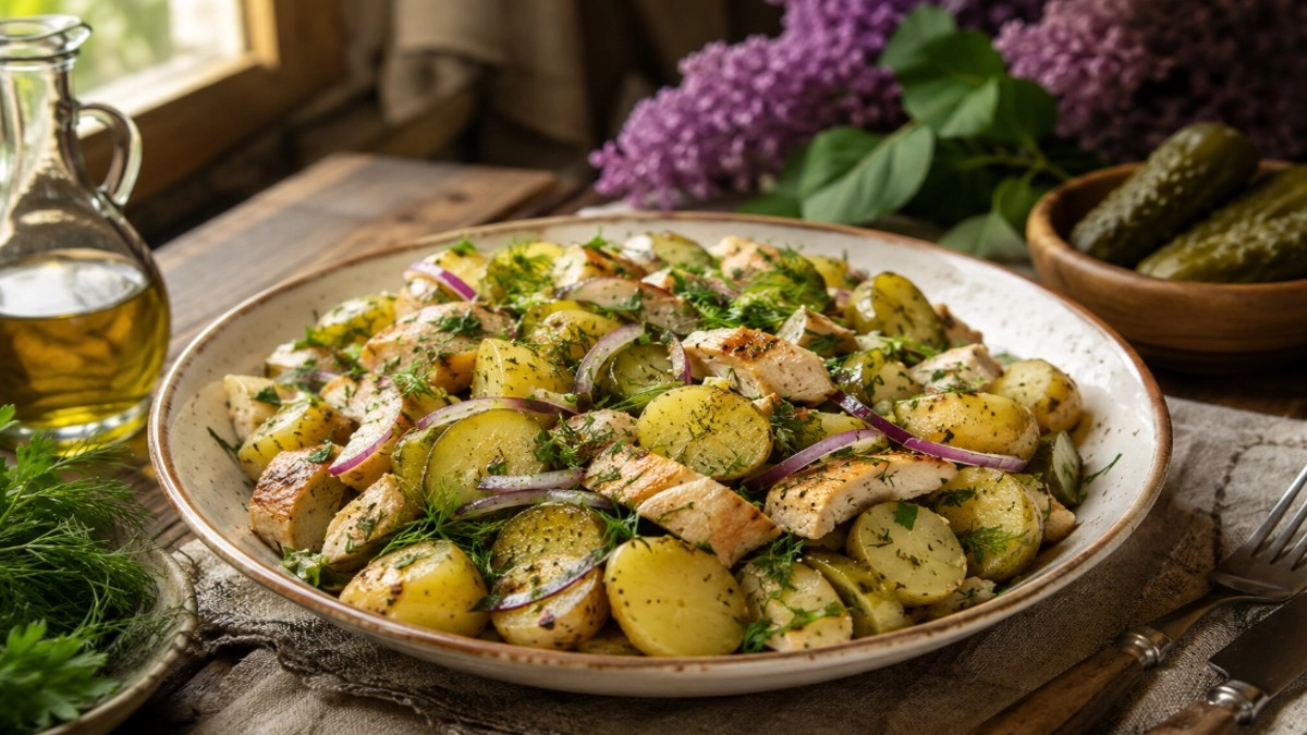 Что приготовить на 9 мая: тёплый картофельный салат с курицей, зеленью и огурцами – сытно, просто и без тяжёлого майонеза