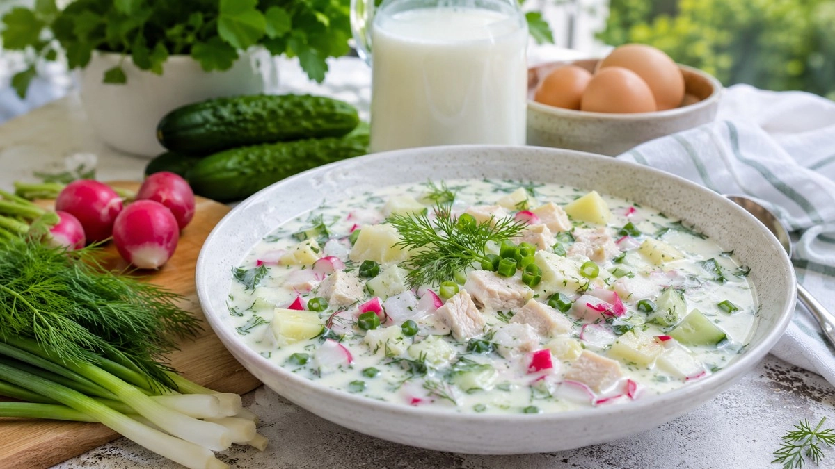 Холодный суп без колбасы и майонеза: как приготовить летнюю окрошку с курицей, овощами и лёгкой заправкой для жаркого дня