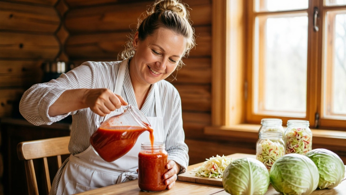 Шинкую раннюю капусту и заливаю томатным соком: на выходе получаю вкусное сокровище