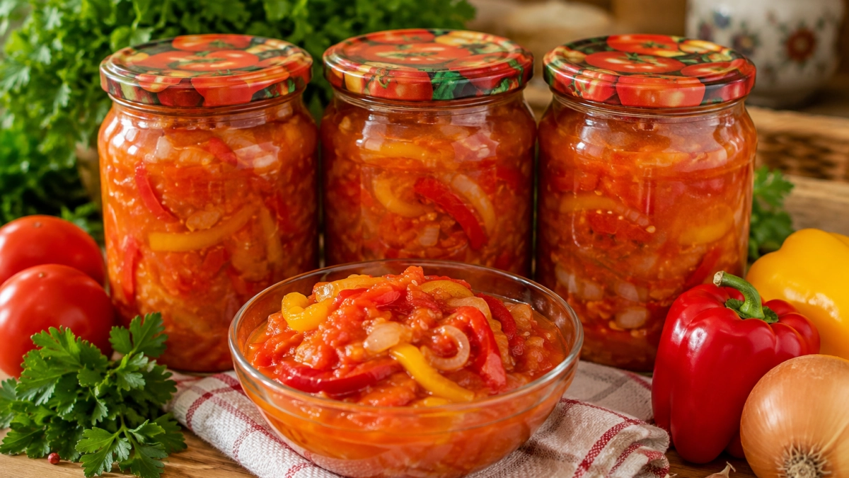 Салат на зиму из помидор и перца - даже стерилизовать не надо. Вкус отменный - детишки уплетают за обе щеки
