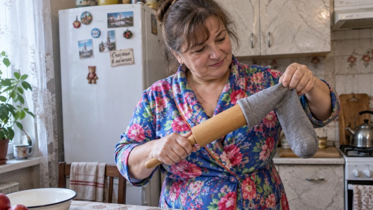 Старый носок не выбрасываю, а натягиваю на скалку: у меня даже хлопковая ветошь в хозяйстве пригодилась