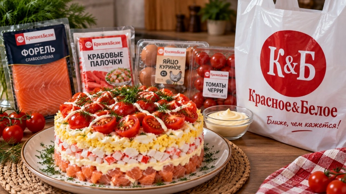 4 ингредиента из «Красного&Белого» — и салат «К&Б» готов за 10 минут: вкусно, дешево, под любой напиток