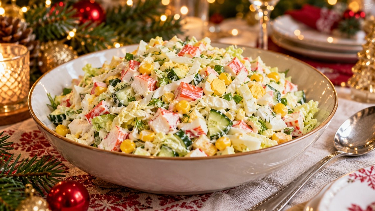 Крабовый салат для новогоднего стола: 1 замена в привычном рецепте – и вкус свежий и сочный