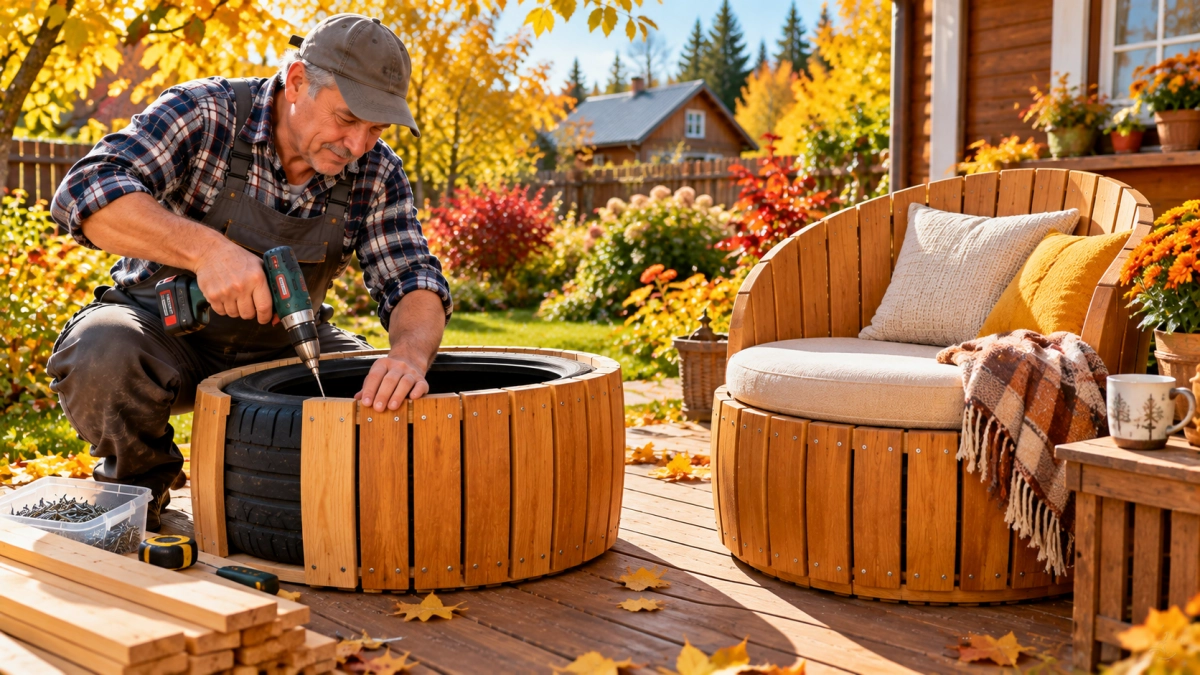 Старые покрышки обшиваю вагонкой и мастерю кресло в «деревянном халате»: классная самоделка для дома и дачи