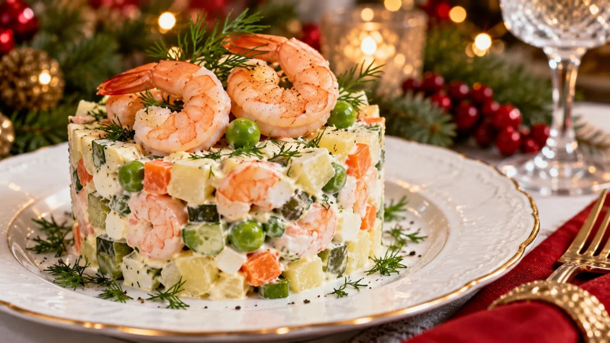 Оливье с креветками вместо колбасы — праздничный салат с ресторанным вкусом: весь секрет в нежном соусе