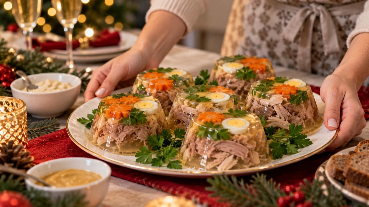 Обычным холодцом гостей уже не удивить: готовим из 3 видов мяса и подаём необычно – на новогоднем столе выглядит празднично
